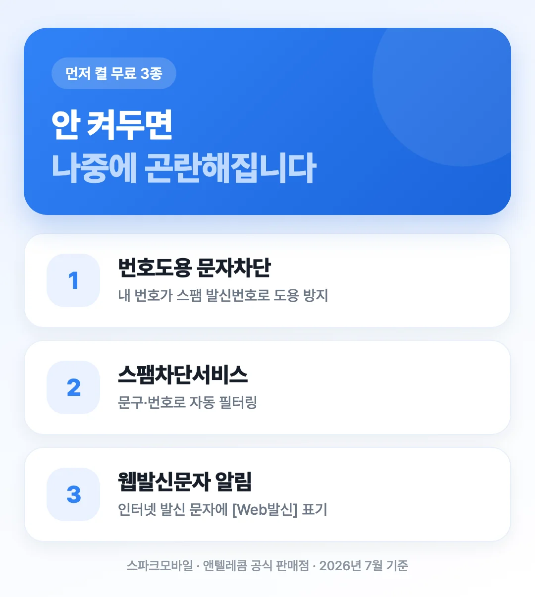 스팸차단과 번호도용 문자차단, 무선인터넷 차단 같은 무료 부가서비스를 분류해 보여주는 도해