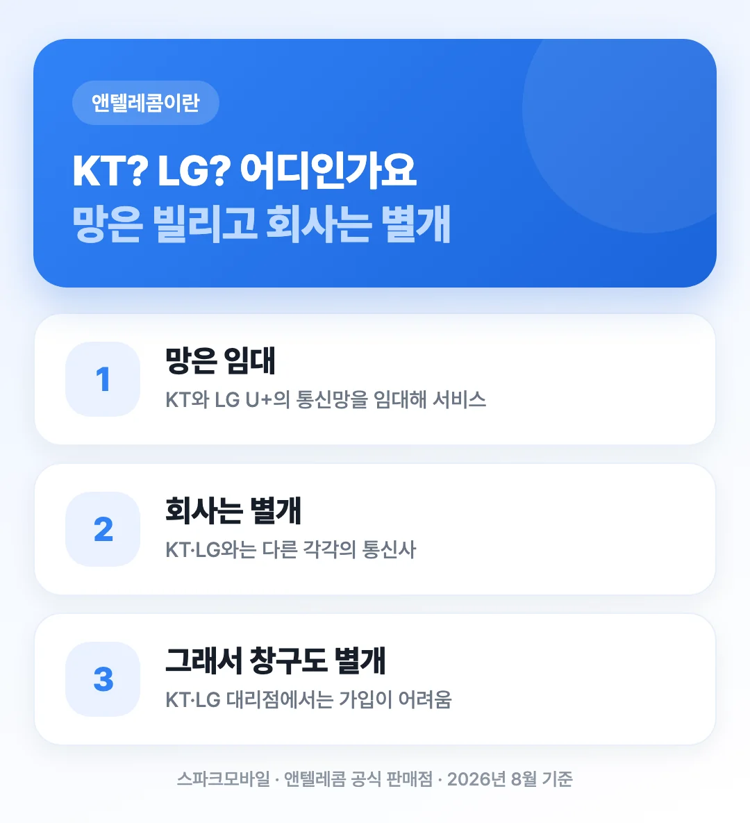 앤텔레콤이 KT와 LG U+의 통신망을 임대해 서비스하는 별정통신 사업자라는 관계를 정리한 표지 이미지